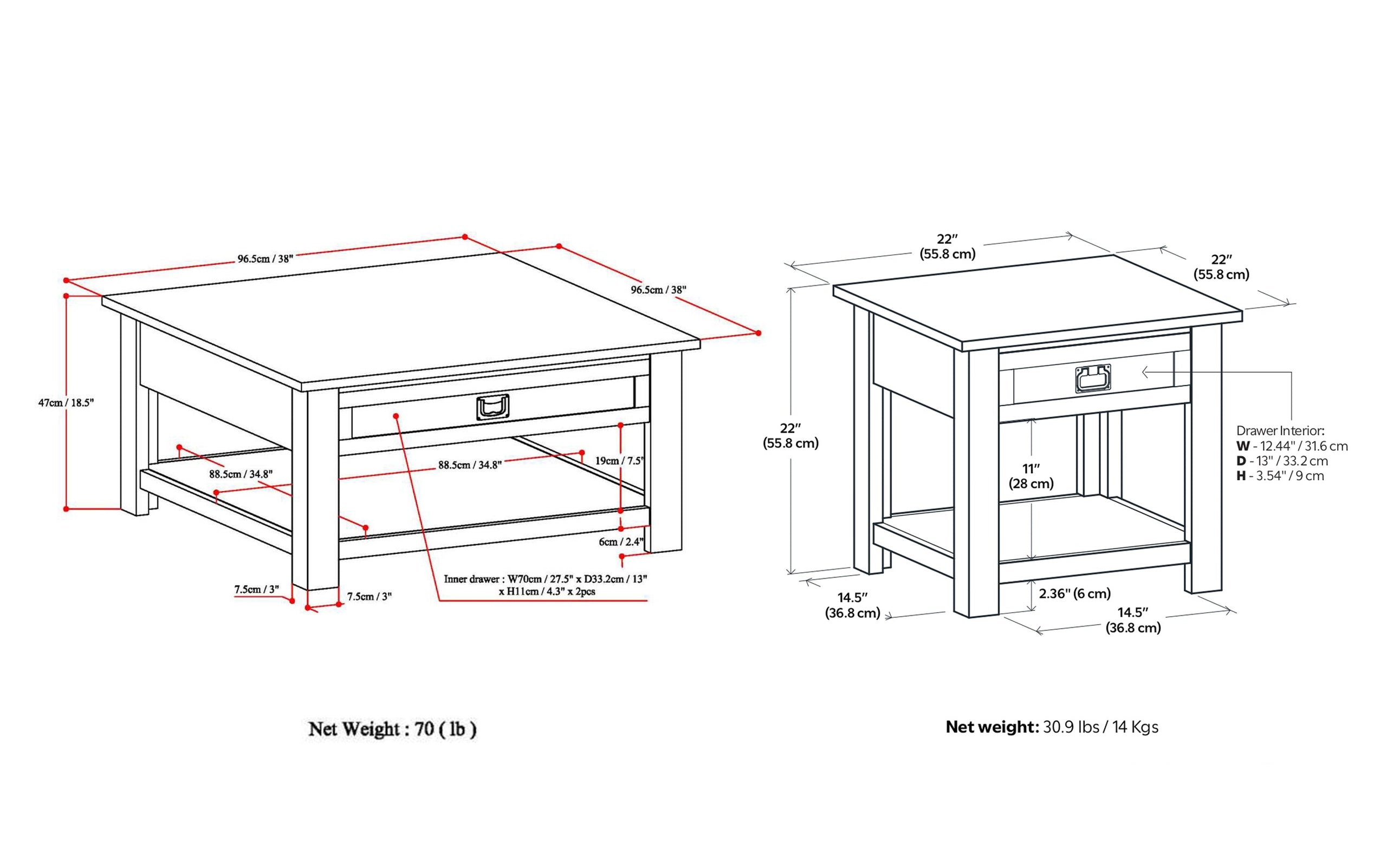 Rustic Natural Aged Brown | Monroe 38 inch Coffee Table with 22 inch End Tables (Set of 3)