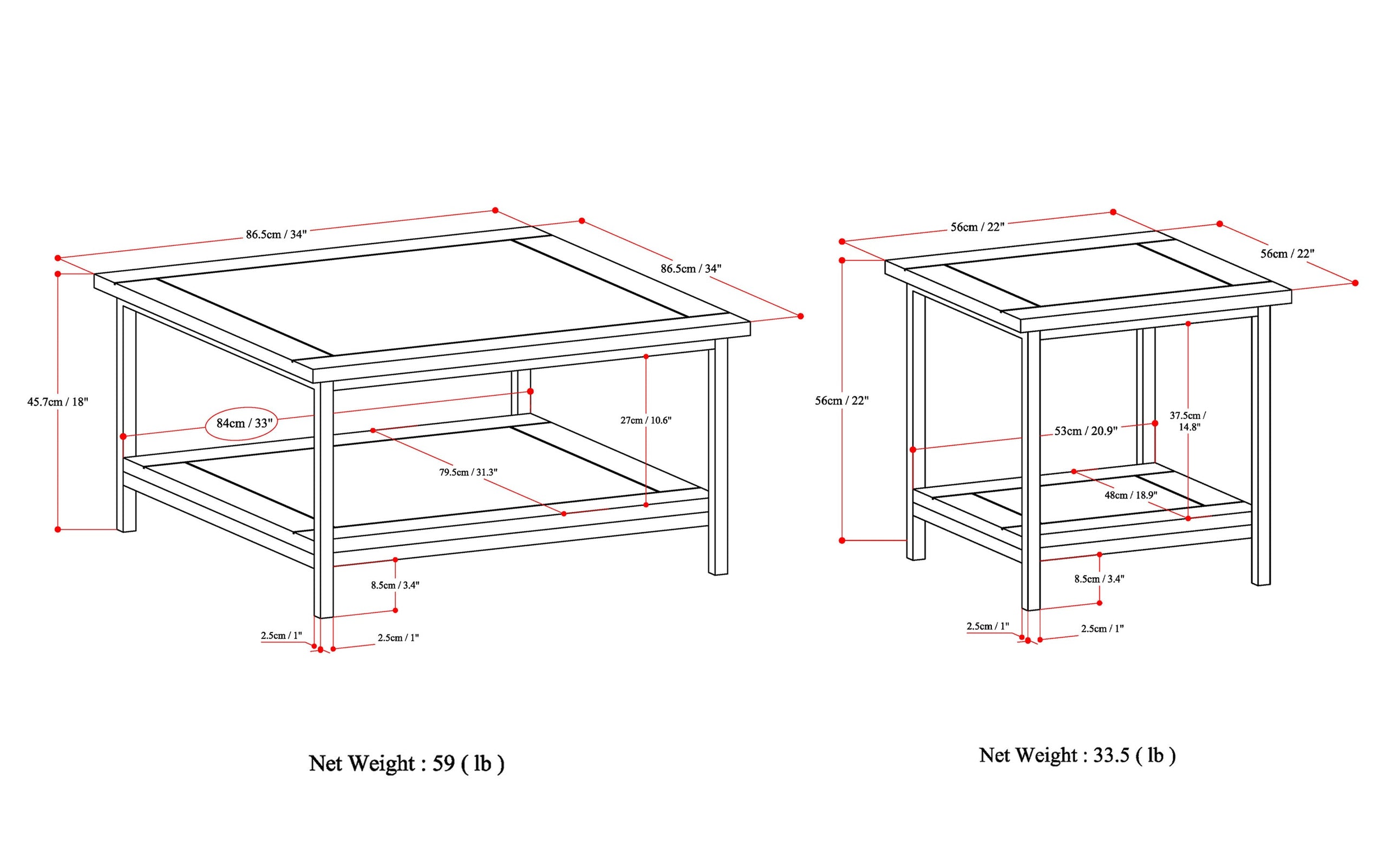 Dark Cognac Brown | Skyler 34 inch Coffee Table with 22 inch End Tables (Set of 3)