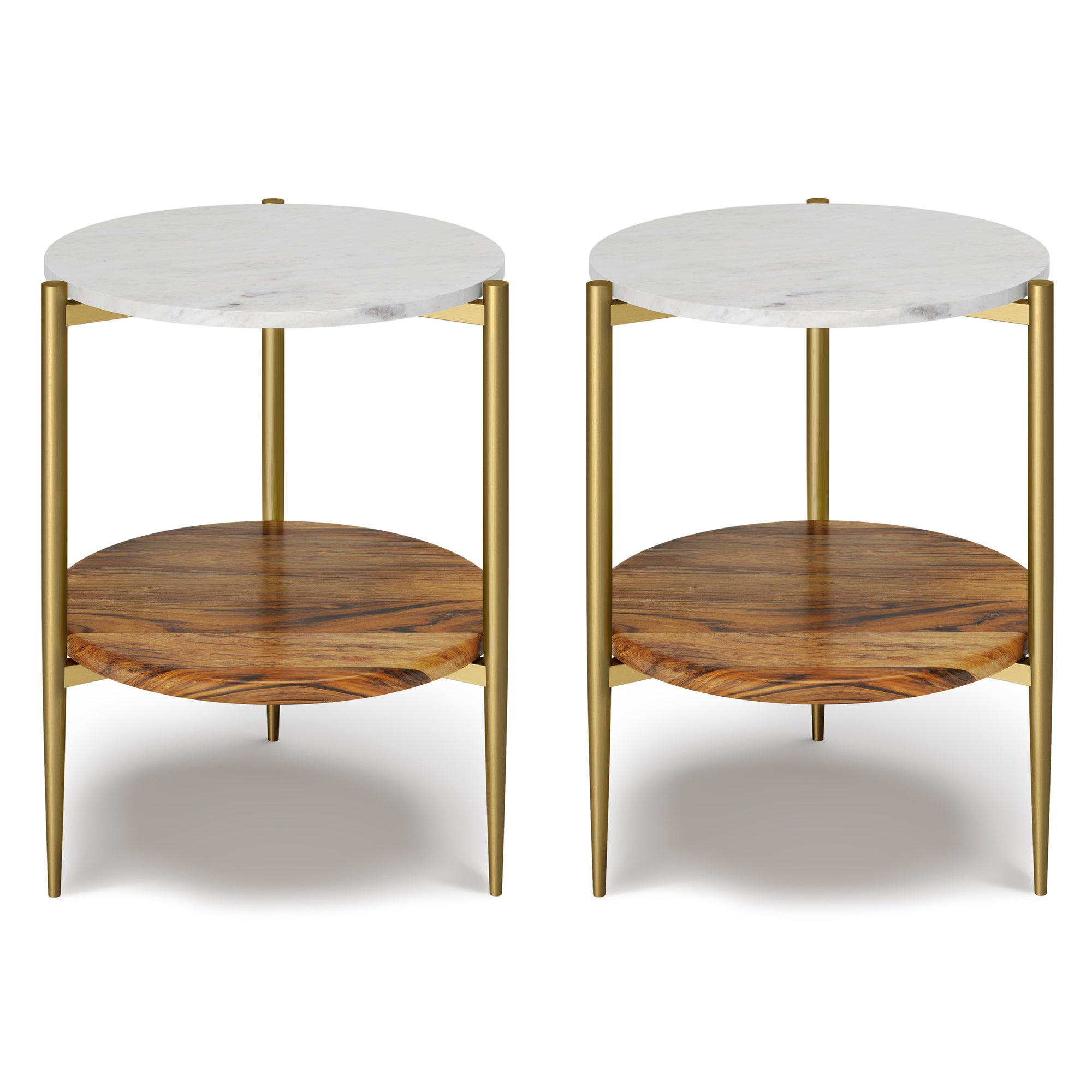 White/Natural | Wagner 18 inch Round Marble & Wood Side Table (Set of 2)