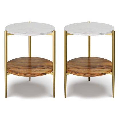 White/Natural | Wagner 18 inch Round Marble & Wood Side Table (Set of 2)
