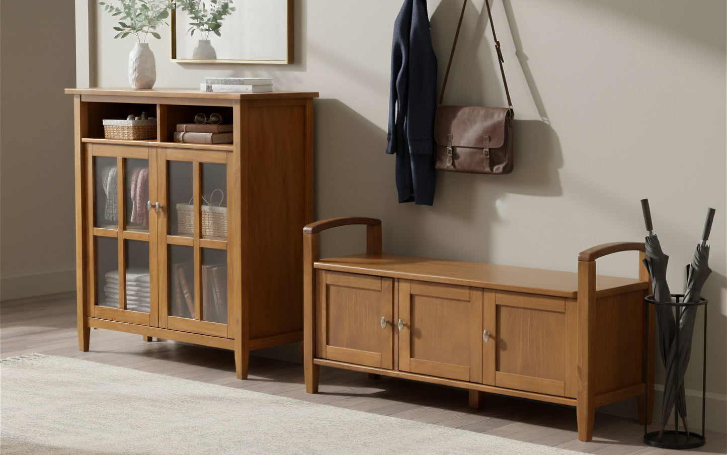 Light Golden Brown | Warm Shaker 44-inch Storage Bench and 39-inch Cabinet