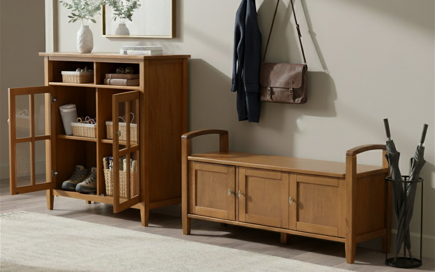 Light Golden Brown | Warm Shaker 44-inch Storage Bench and 39-inch Cabinet