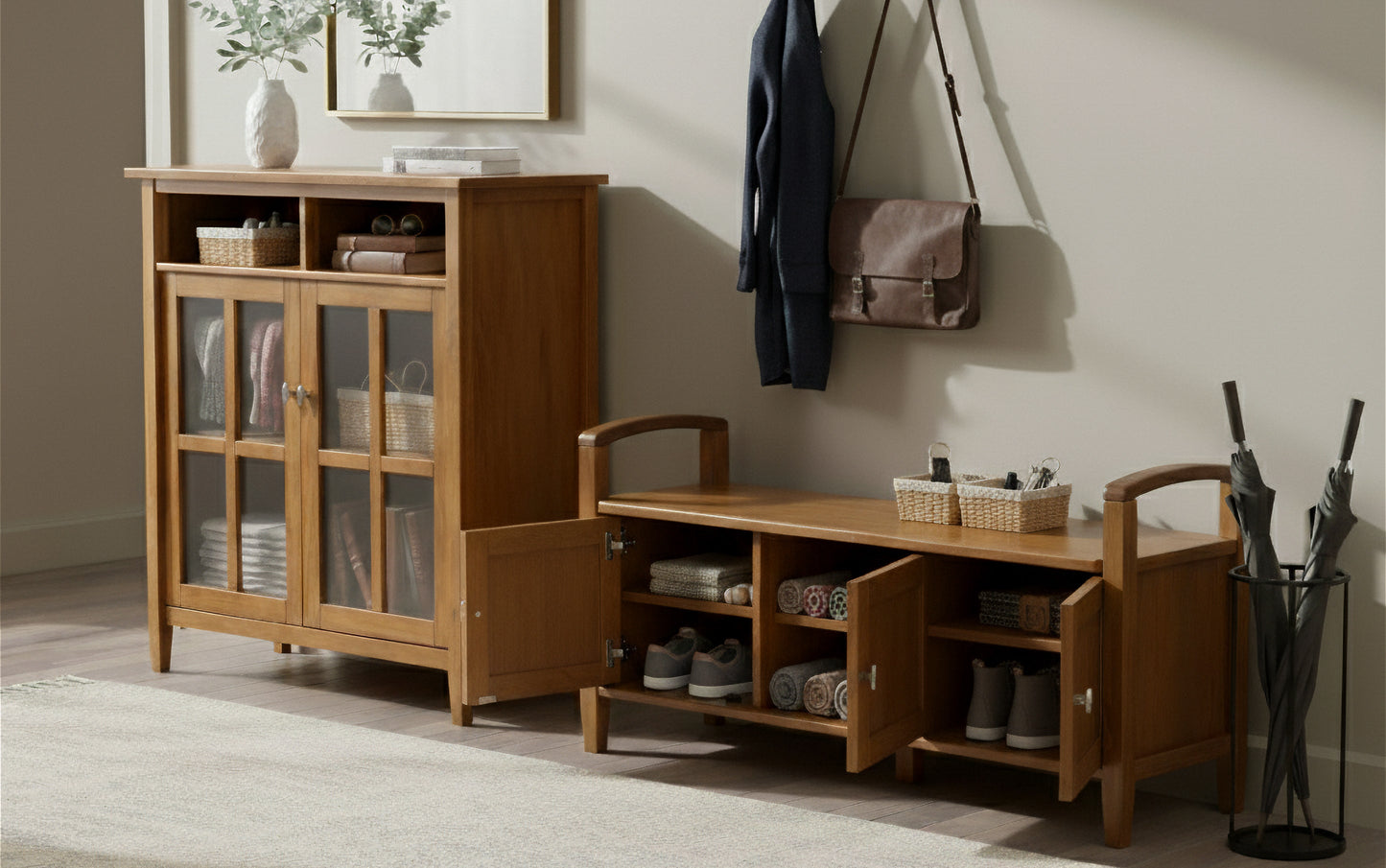 Light Golden Brown | Warm Shaker 44-inch Storage Bench and 39-inch Cabinet