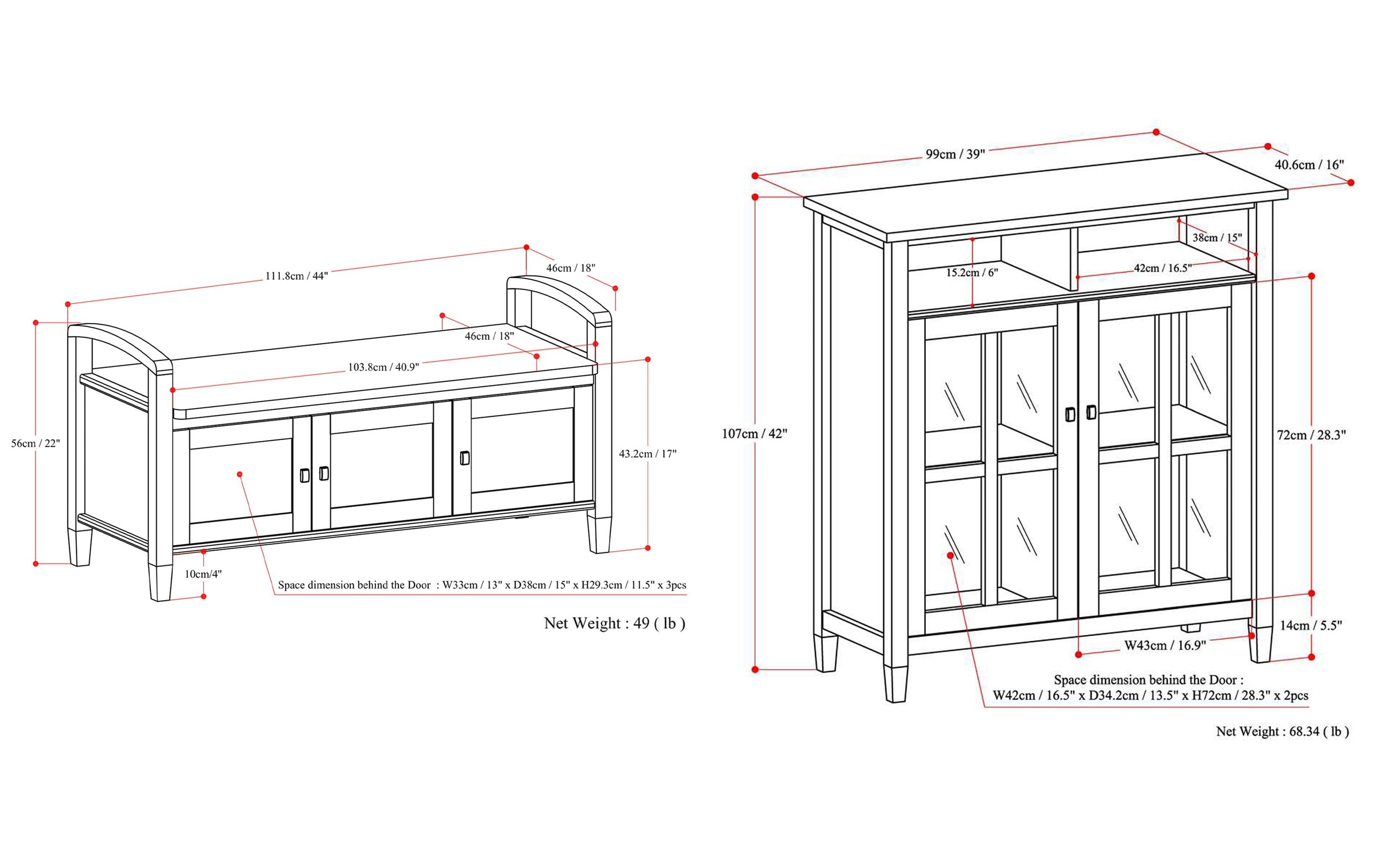 Tobacco Brown | Warm Shaker 44-inch Storage Bench and 39-inch Cabinet