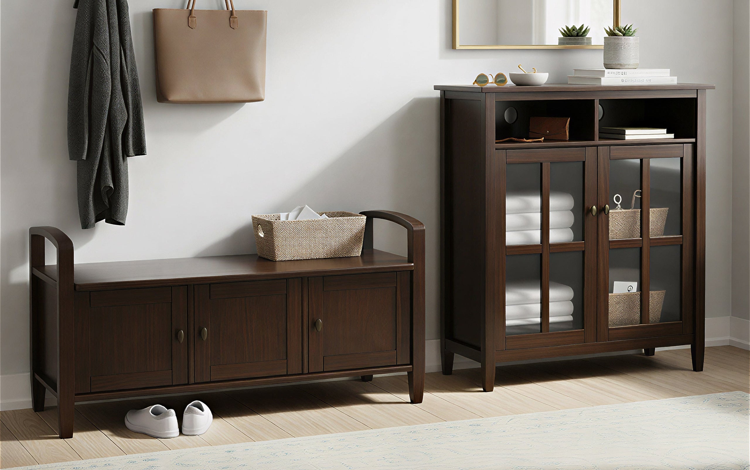 Tobacco Brown | Warm Shaker 44-inch Storage Bench and 39-inch Cabinet