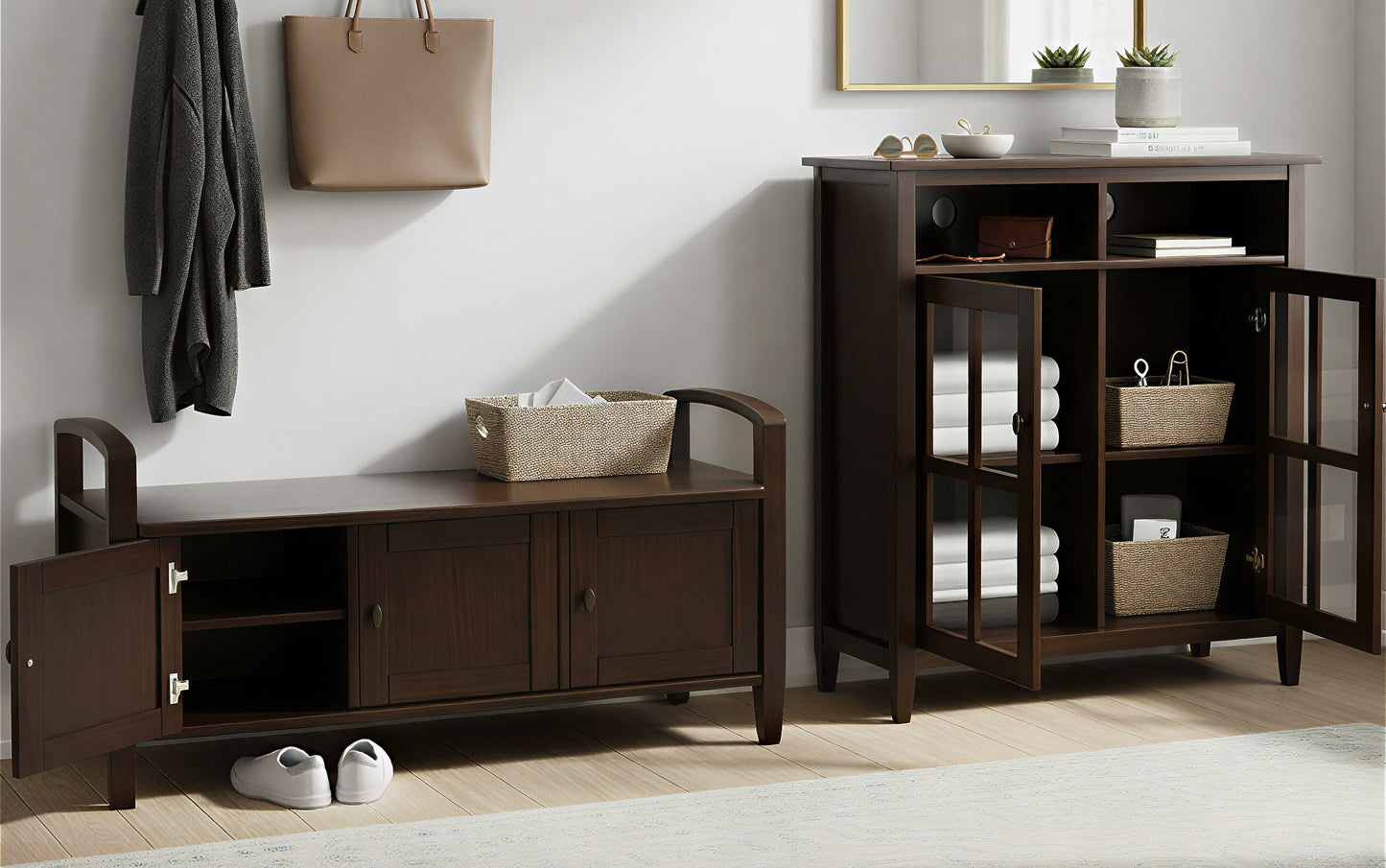 Tobacco Brown | Warm Shaker 44-inch Storage Bench and 39-inch Cabinet