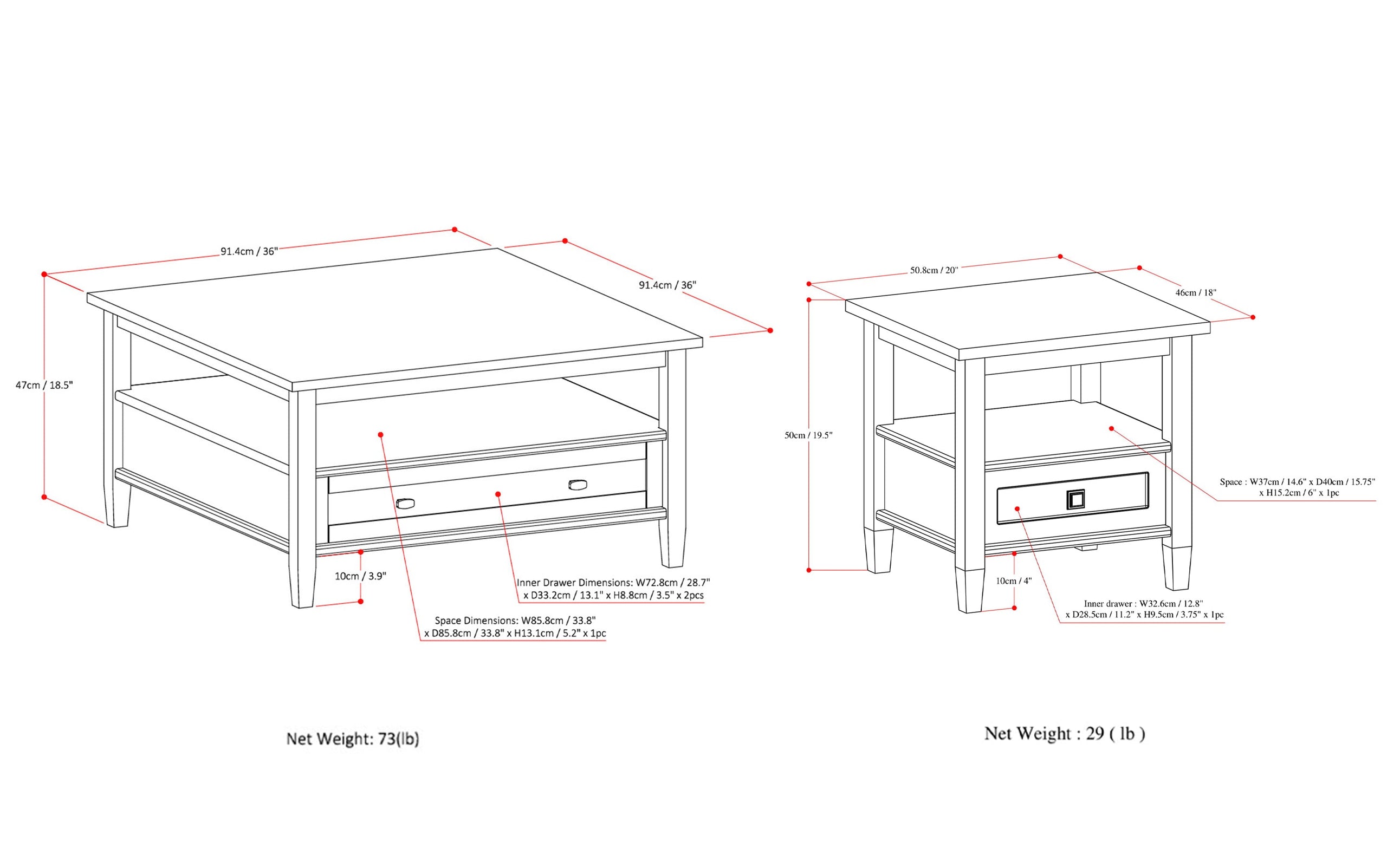 Tobacco Brown | Warm Shaker 36 inch Coffee Table with 20 inch End Tables (Set of 3)