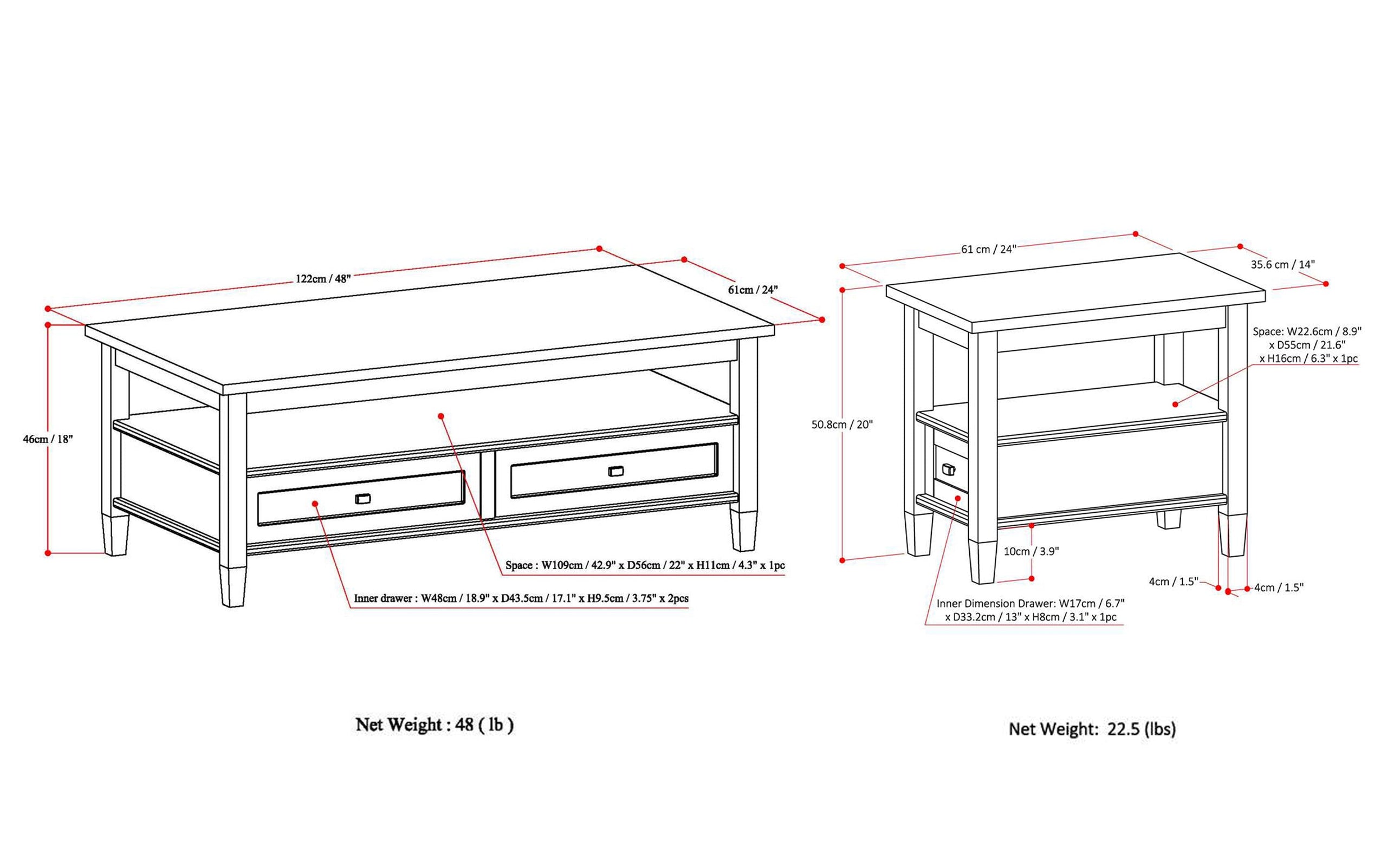 Distressed Grey | Warm Shaker 48 inch Coffee Table with 14 inch End Tables (Set of 3)