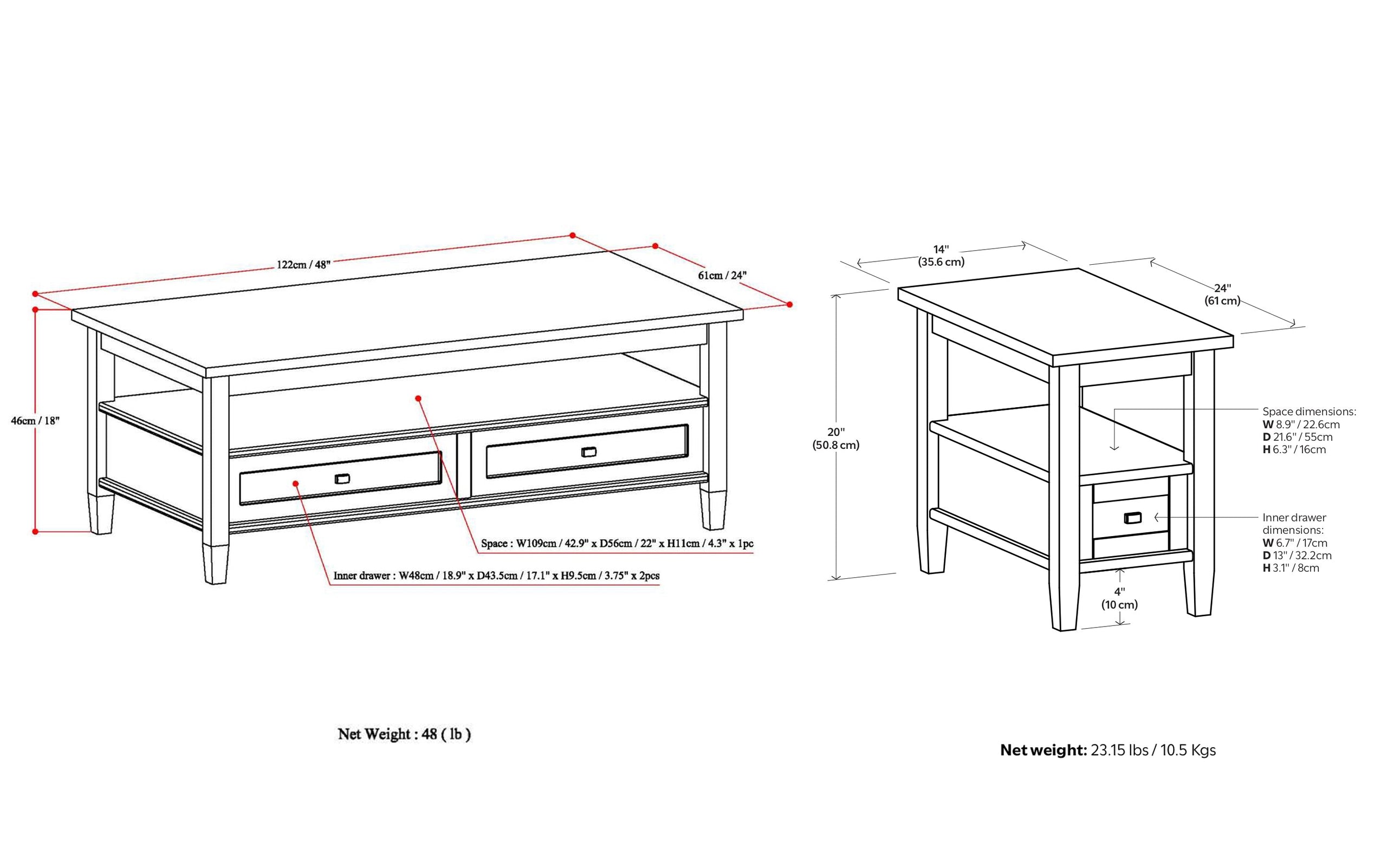 White | Warm Shaker 48 inch Coffee Table with 14 inch End Tables (Set of 3)