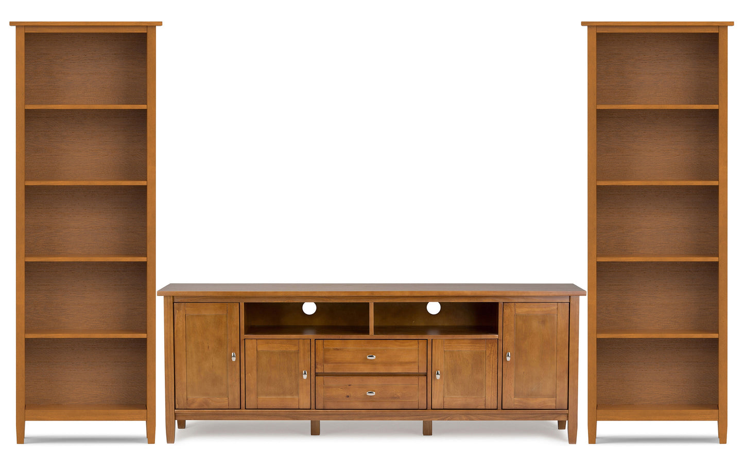 Light Golden Brown | Warm Shaker 72W TV Stand with Set of Two 26W 5 Shelf Bookcases