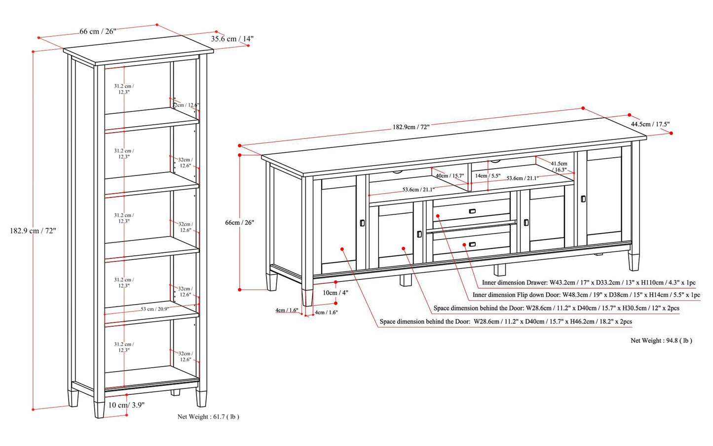 Tobacco Brown | Warm Shaker 72W TV Stand with Set of Two 26W 5 Shelf Bookcases
