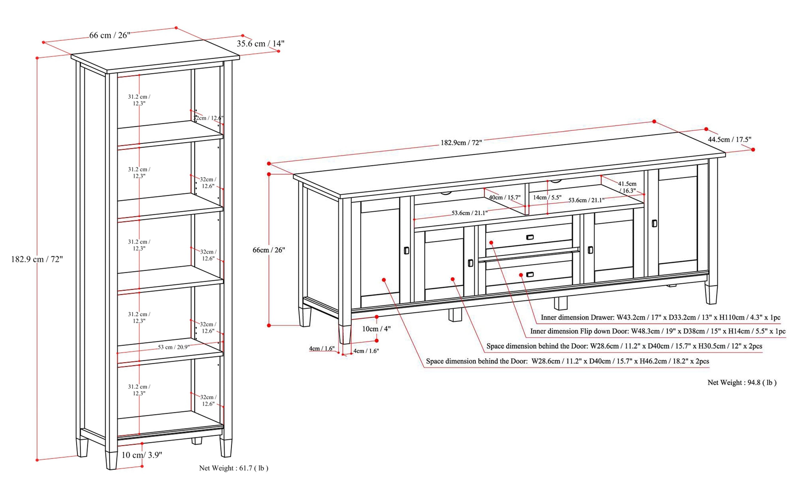 Tobacco Brown | Warm Shaker 72W TV Stand with Set of Two 26W 5 Shelf Bookcases