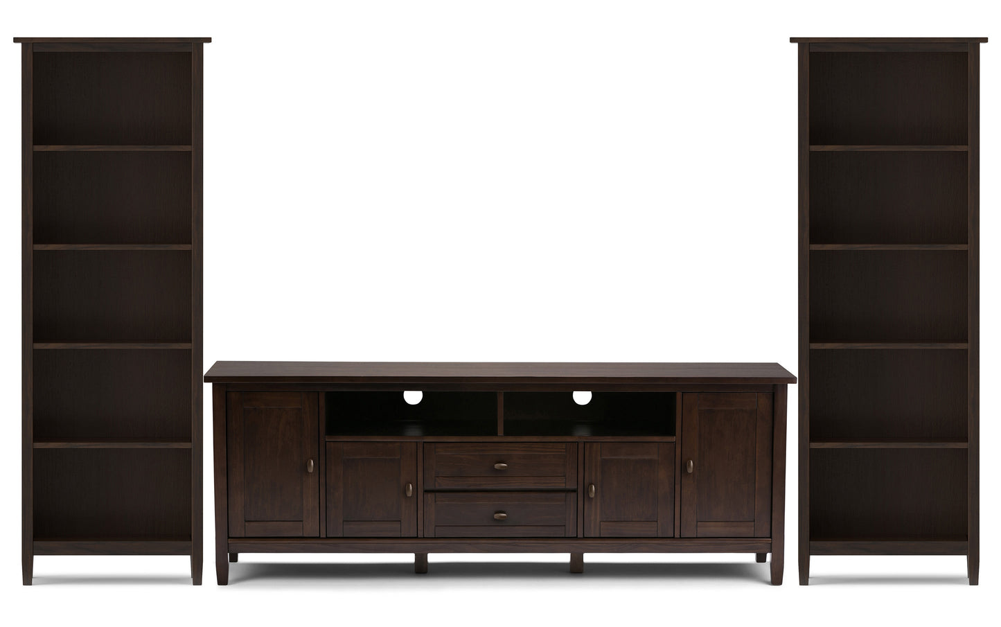 Tobacco Brown | Warm Shaker 72W TV Stand with Set of Two 26W 5 Shelf Bookcases