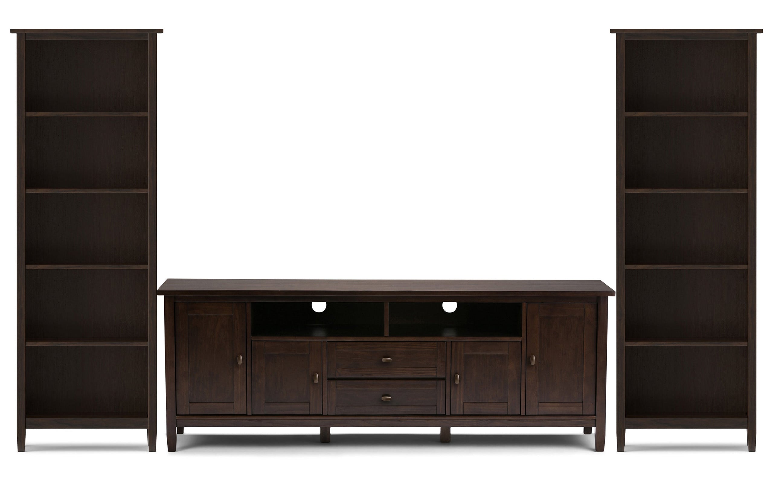 Tobacco Brown | Warm Shaker 72W TV Stand with Set of Two 26W 5 Shelf Bookcases