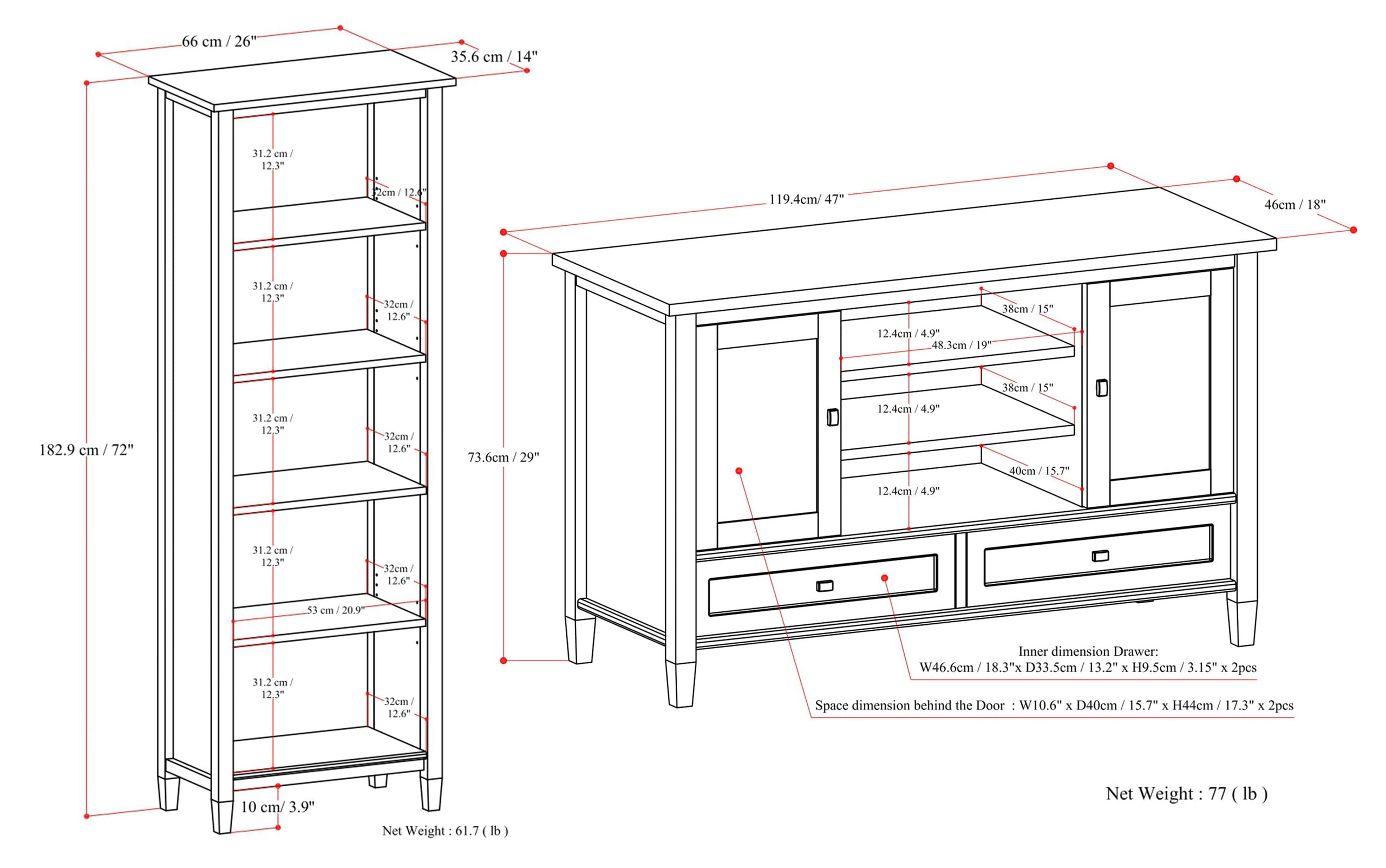 Tobacco Brown | Warm Shaker 47W Tall TV Stand with Set of Two 26W 5 Shelf Bookcases