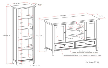 Tobacco Brown | Warm Shaker 47W Tall TV Stand with Set of Two 26W 5 Shelf Bookcases