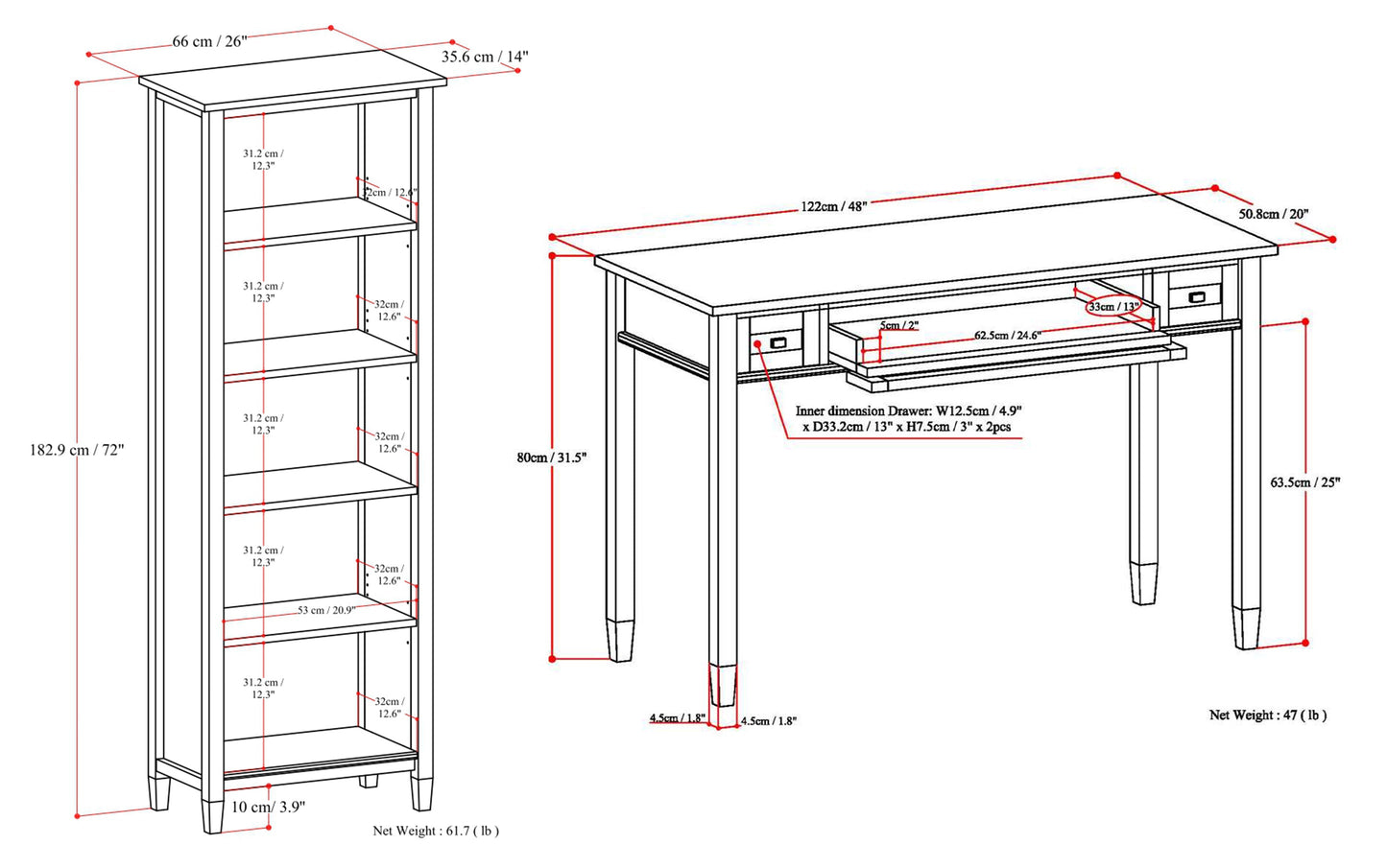 Tobacco Brown | Warm Shaker 48 inch Desk and 26 inch Bookcase