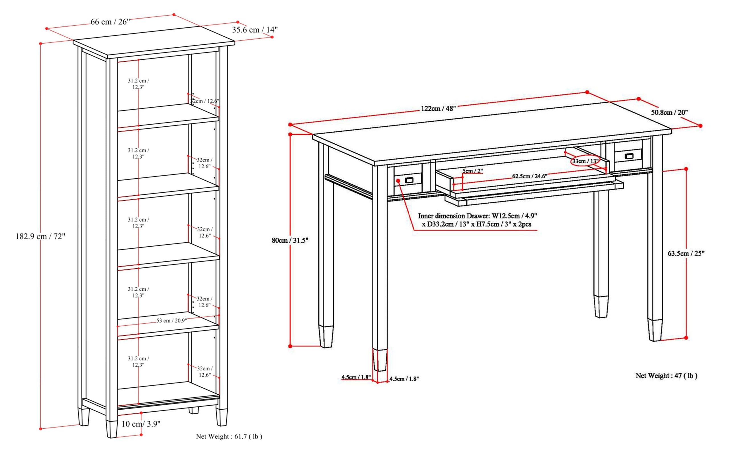Tobacco Brown | Warm Shaker 48 inch Desk and 26 inch Bookcase