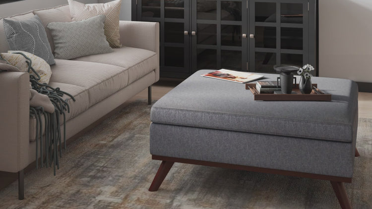 Slate Grey Linen Style Fabric | Owen Medium Square Table Ottoman in Linen