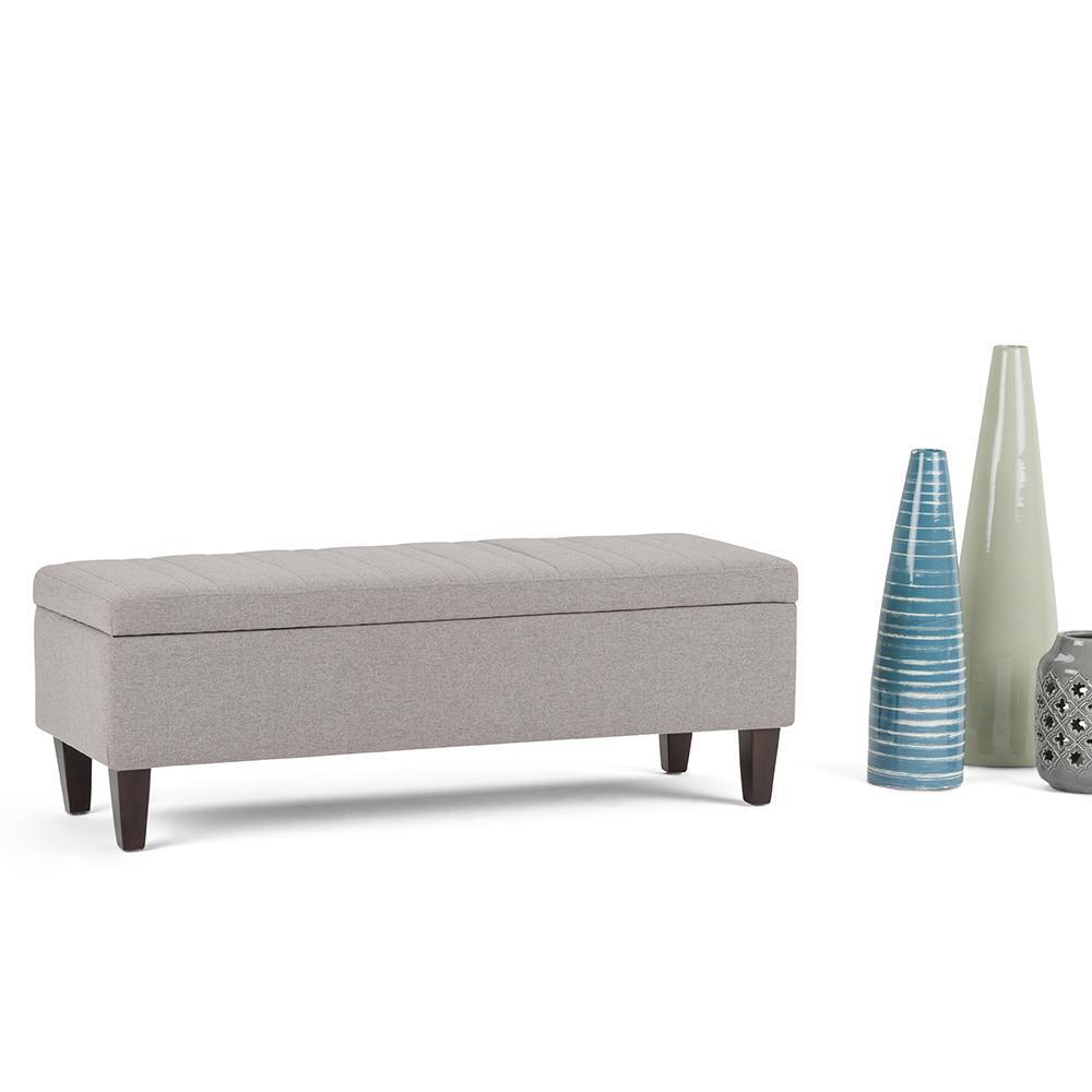 Cloud Grey Linen Style Fabric | Monroe Storage Ottoman in Vegan Leather