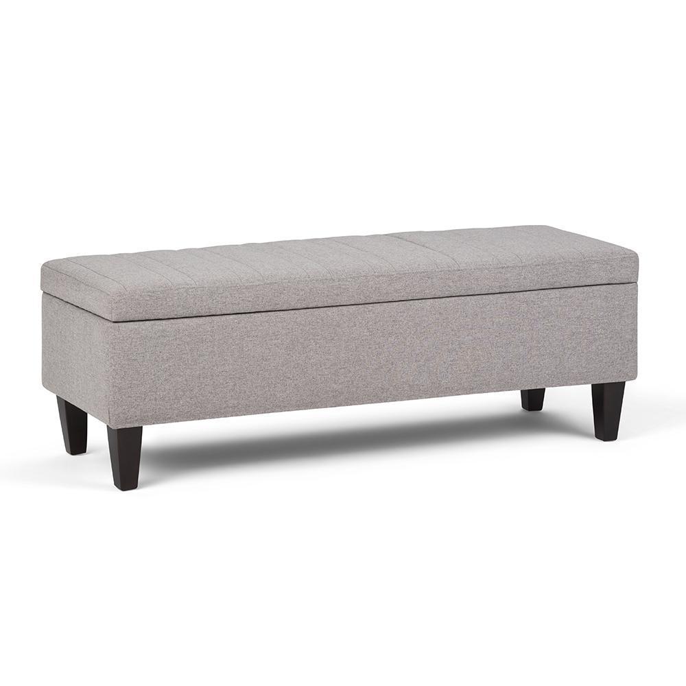 Cloud Grey Linen Style Fabric | Monroe Storage Ottoman in Vegan Leather