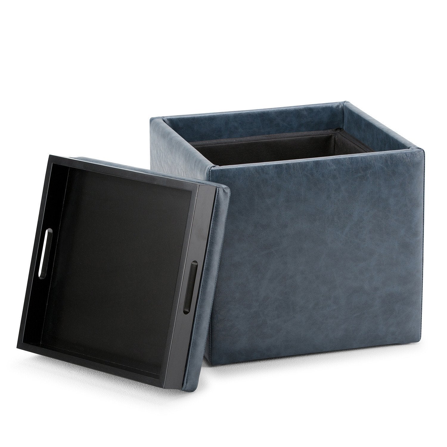 Denim Blue Vegan Leather | Rockwood Vegan Leather Cube Storage Ottoman with Tray