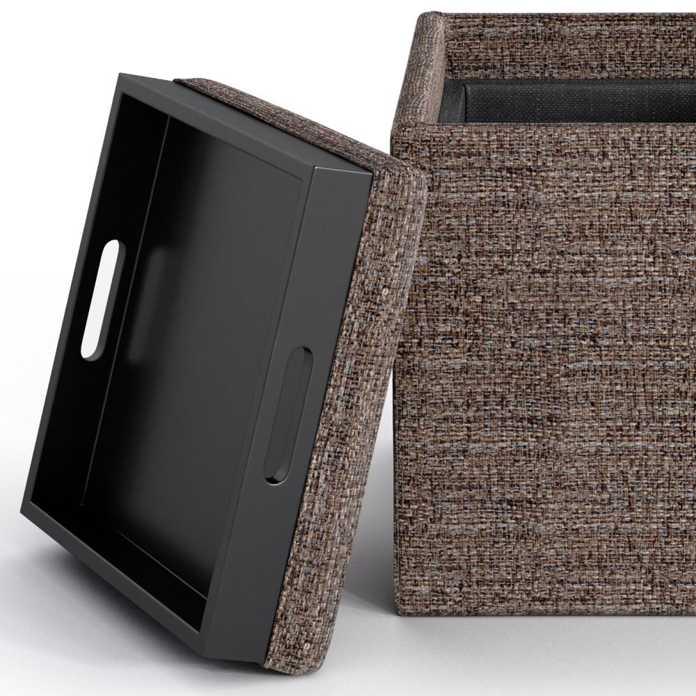 Mink Brown Tweed Style Fabric | Rockwood Vegan Leather Cube Storage Ottoman with Tray