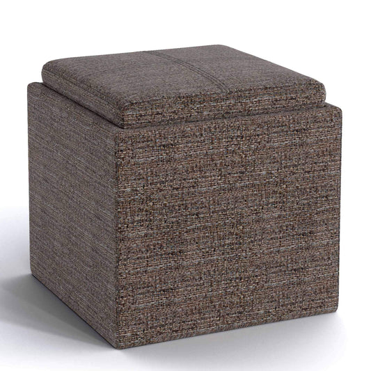 Mink Brown Tweed Style Fabric | Rockwood Vegan Leather Cube Storage Ottoman with Tray