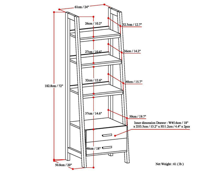 Dark Chestnut Brown | Sawhorse 24 inch Ladder Shelf with Storage