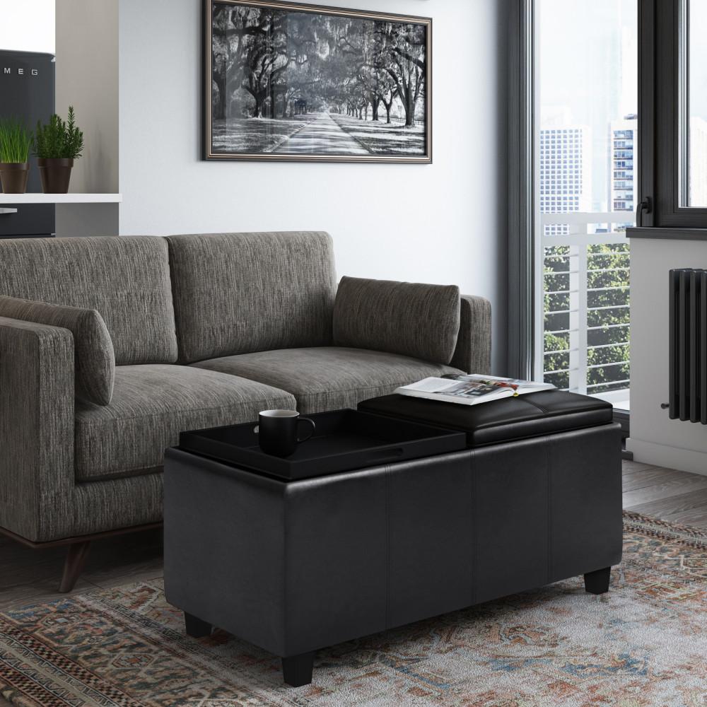 Midnight Black Vegan Leather | Avalon 2 Tray Storage Ottoman