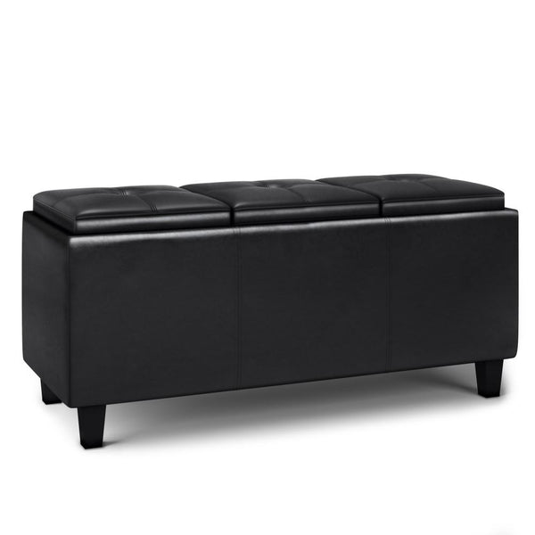 Midnight Black Vegan Leather | Avalon Tray Storage Ottoman with Lift Up Lids