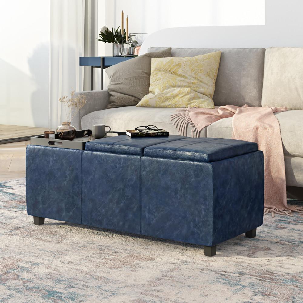 Denim Blue Vegan Leather | Avalon Linen Look Storage Ottoman with Three Trays