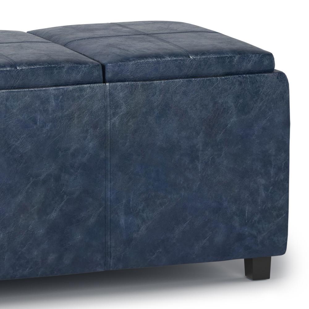 Denim Blue Vegan Leather | Avalon Linen Look Storage Ottoman with Three Trays