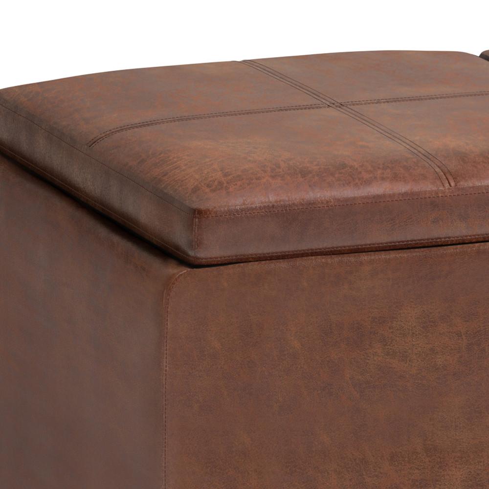 Distressed Saddle Brown Distressed Vegan Leather | Avalon Linen Look Storage Ottoman with Three Trays