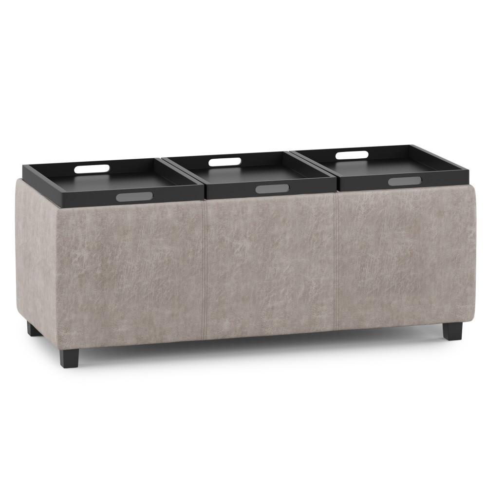 Distressed Grey Taupe Distressed Vegan Leather | Avalon Linen Look Storage Ottoman with Three Trays