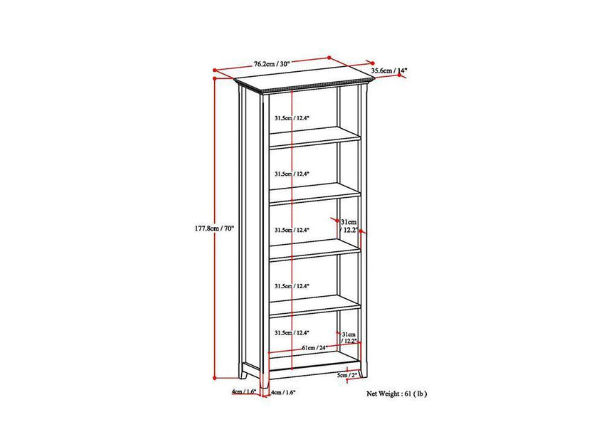 Simpli Home Amherst Russet Brown Wood 5-Shelf Bookcase (30-in W x 70-in H x  14-in D) in the Bookcases department at