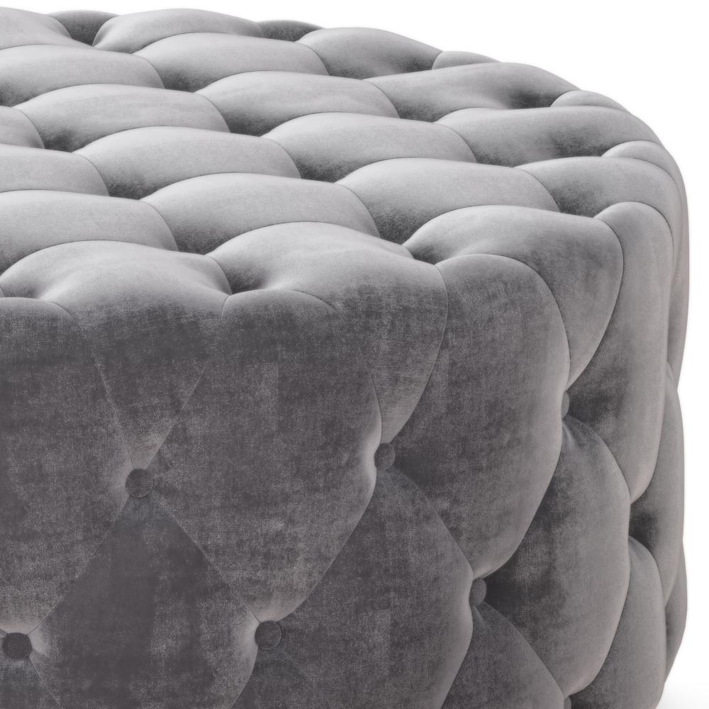 Grey Velvet Fabric | Bergen Round Tufted Ottoman