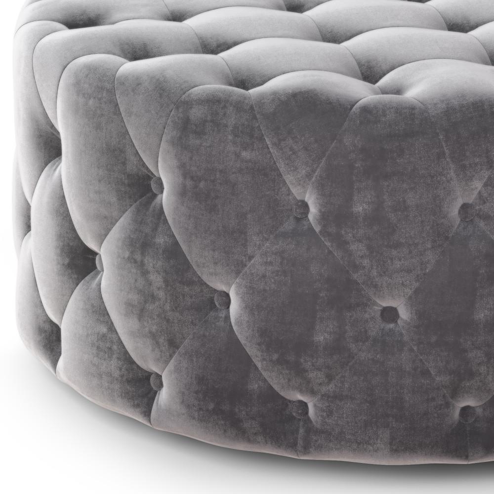 Grey Velvet Fabric | Bergen Round Tufted Ottoman