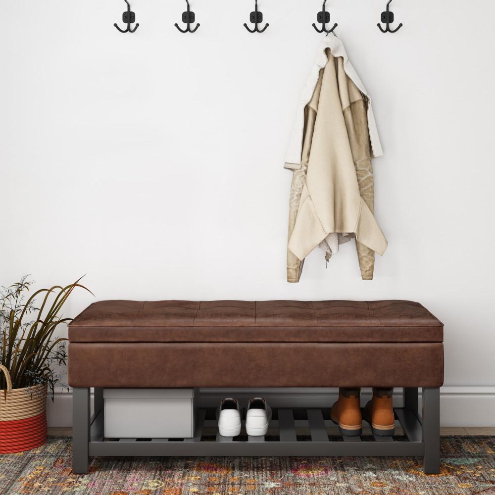 Distressed Saddle Brown Distressed Vegan Leather | Cosmopolitan Entryway Storage Ottoman