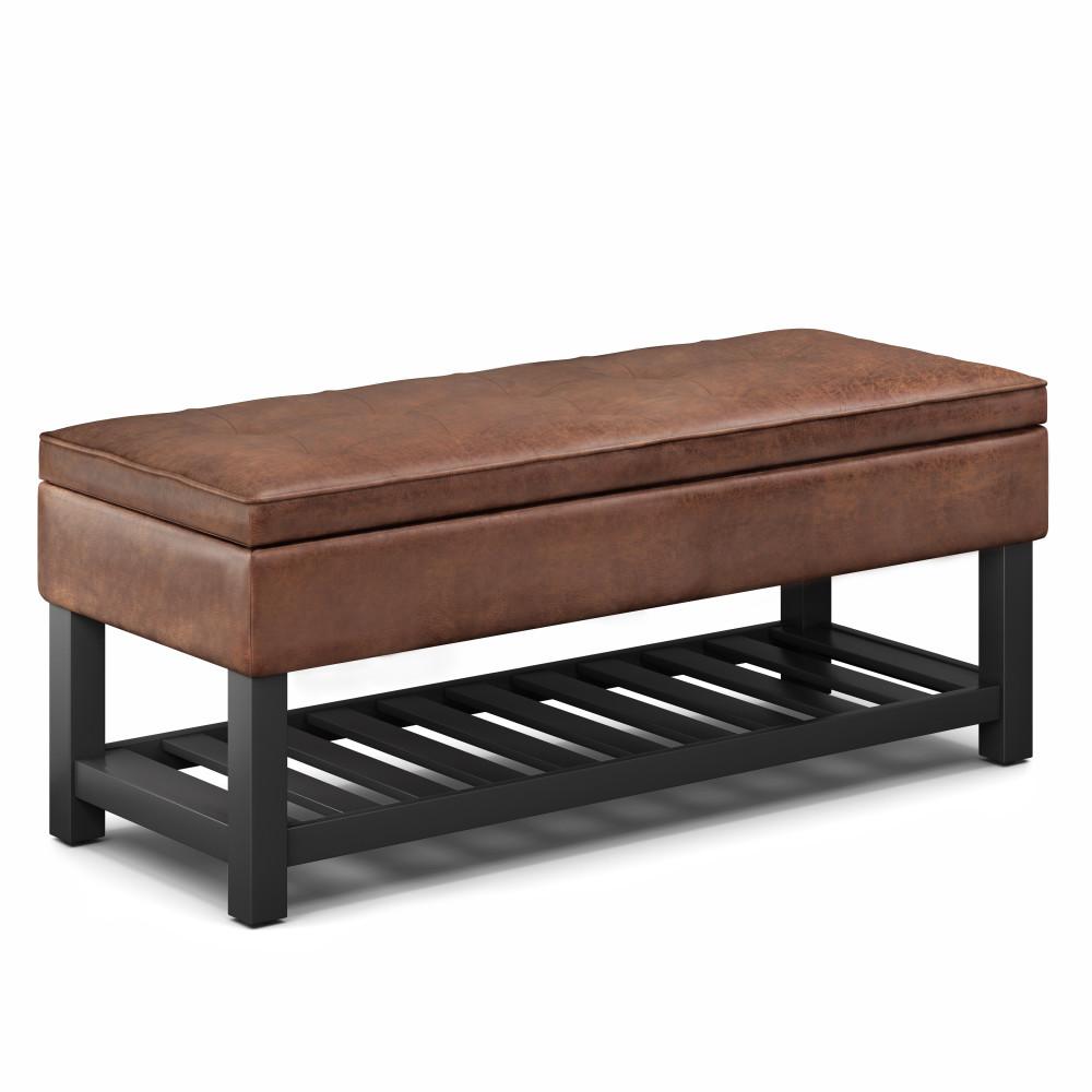 Distressed Saddle Brown Distressed Vegan Leather | Cosmopolitan Entryway Storage Ottoman