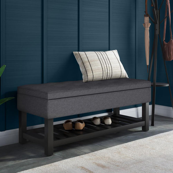 Slate Grey Linen Style Fabric | Cosmopolitan Entryway Storage Ottoman Bench