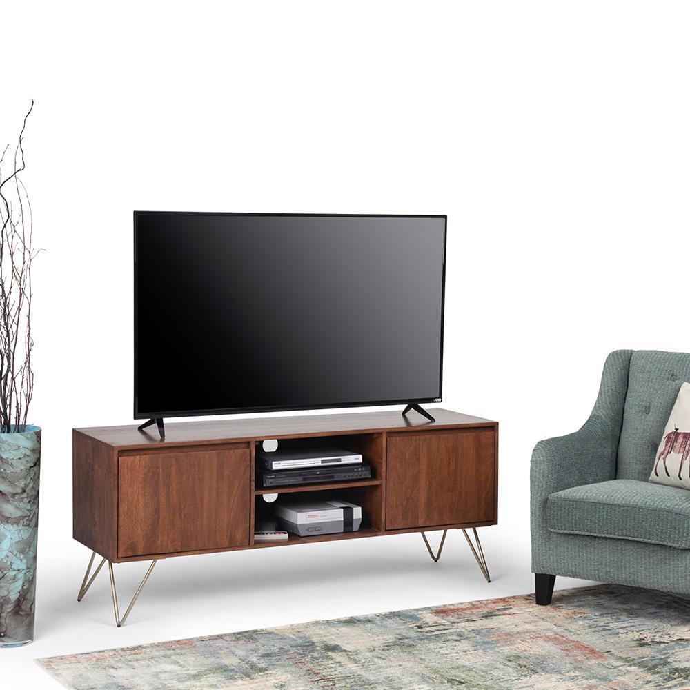 Umber Brown Stain Mango Wood | Hunter 60 x 18 inch TV Media Stand in Natural Mango Wood for TVs up to 66 inches
