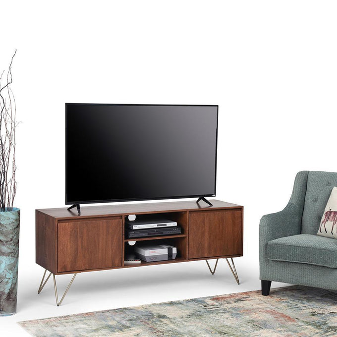Umber Brown Stain Mango Wood | Hunter 60 x 18 inch TV Media Stand in Natural Mango Wood for TVs up to 66 inches