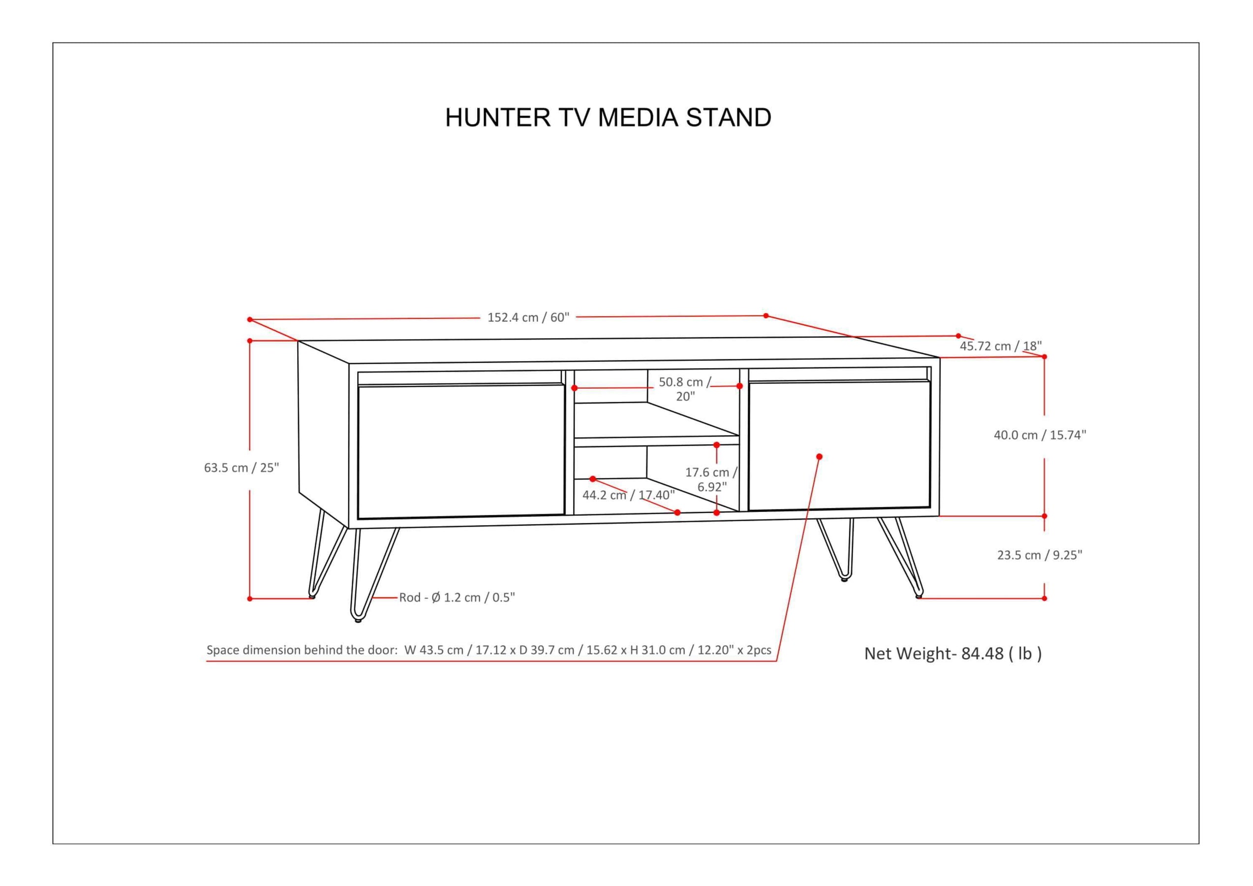 Umber Brown Stain Mango Wood | Hunter 60 x 18 inch TV Media Stand in Natural Mango Wood for TVs up to 66 inches