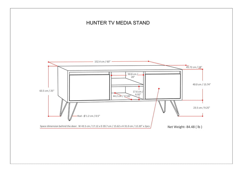 Umber Brown Stain Mango | Hunter 60 x 18 inch TV Media Stand in Natural Mango Wood for TVs up to 66 inches