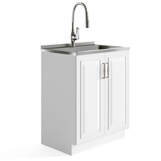 Pure White | Darwin 28 inch Laundry Cabinet with Pull-out Faucet and Stainless Steel Sink in White