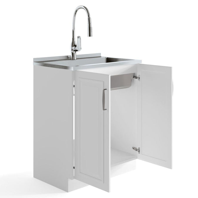 Pure White | Darwin 28 inch Laundry Cabinet with Pull-out Faucet and Stainless Steel Sink in White