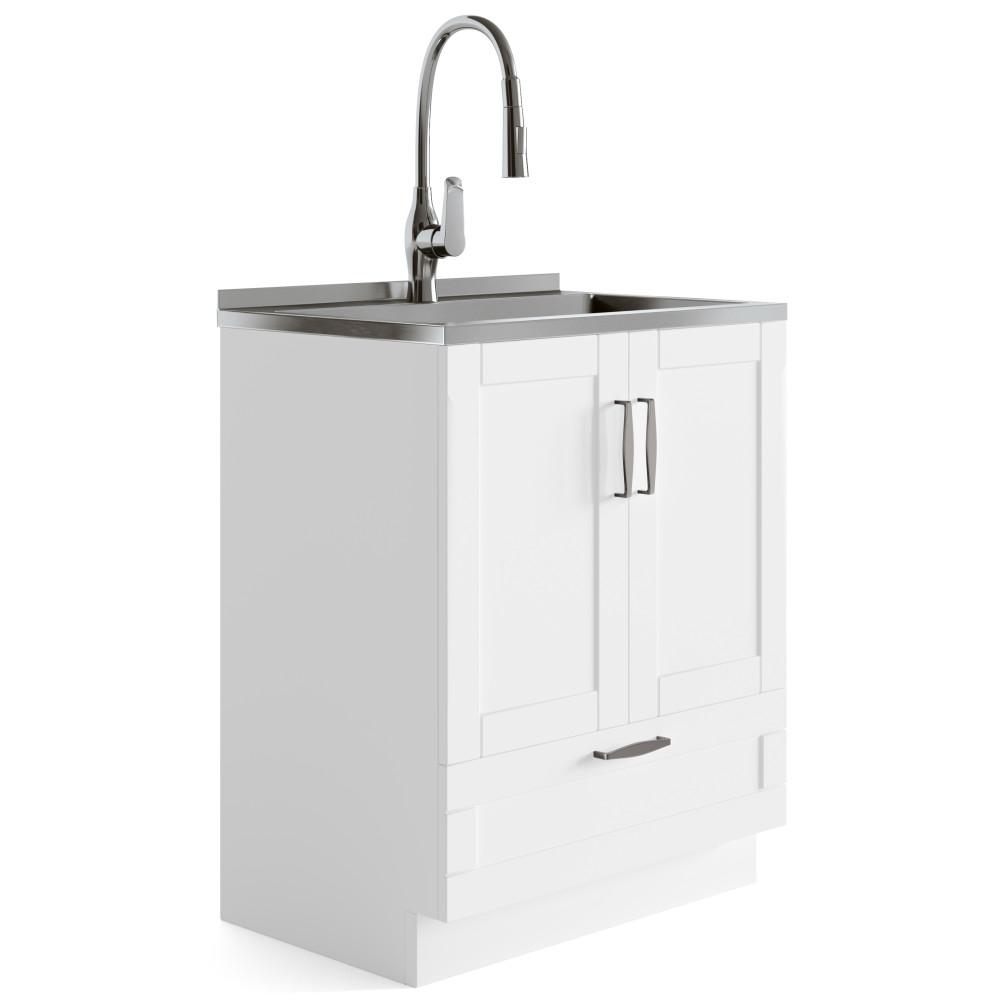 Pure White | Reed 28 inch Laundry Cabinet with Pull-out Faucet and Stainless Steel Sink