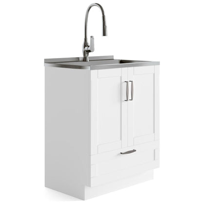 Pure White | Reed 28 inch Laundry Cabinet with Pull-out Faucet and Stainless Steel Sink