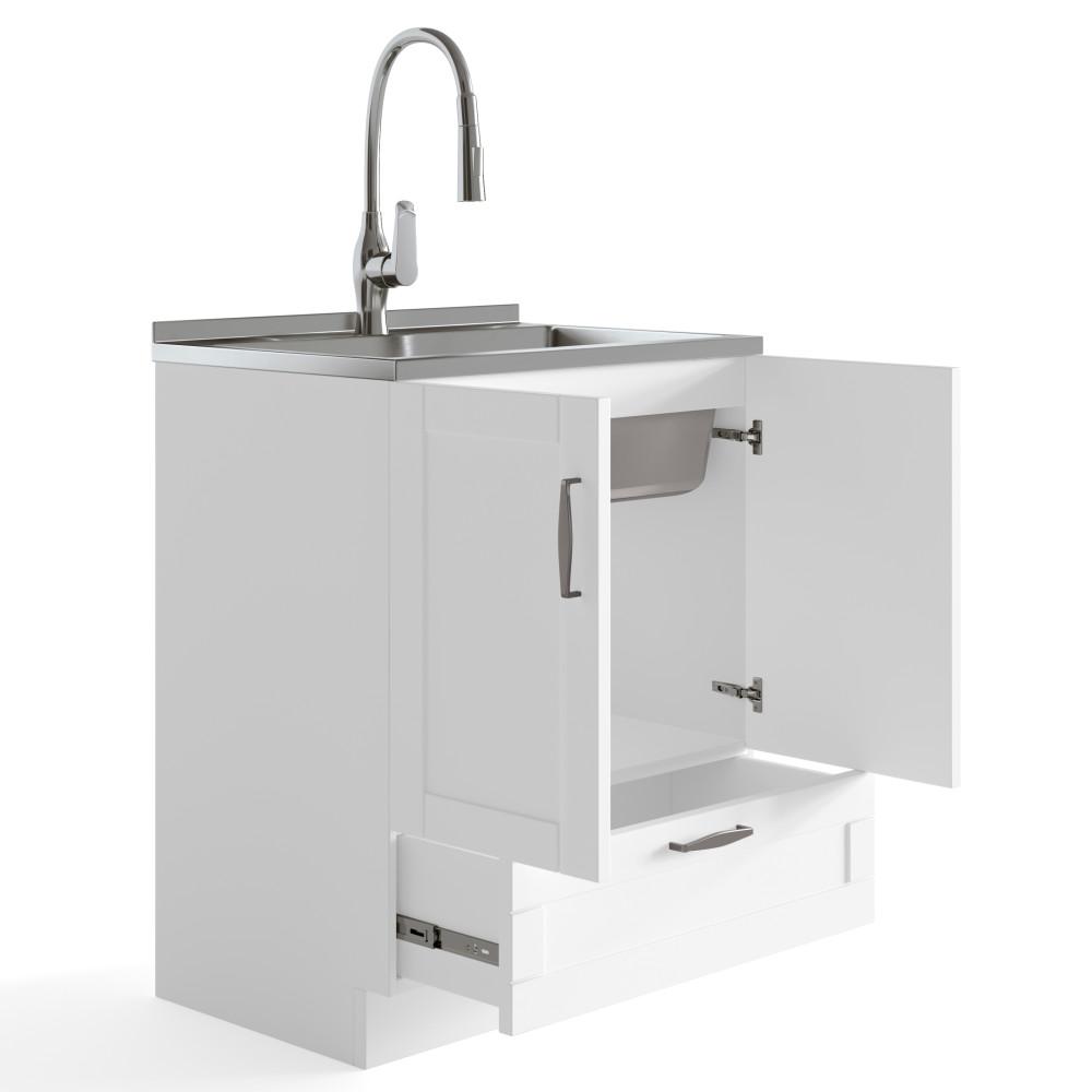 Pure White | Reed 28 inch Laundry Cabinet with Pull-out Faucet and Stainless Steel Sink
